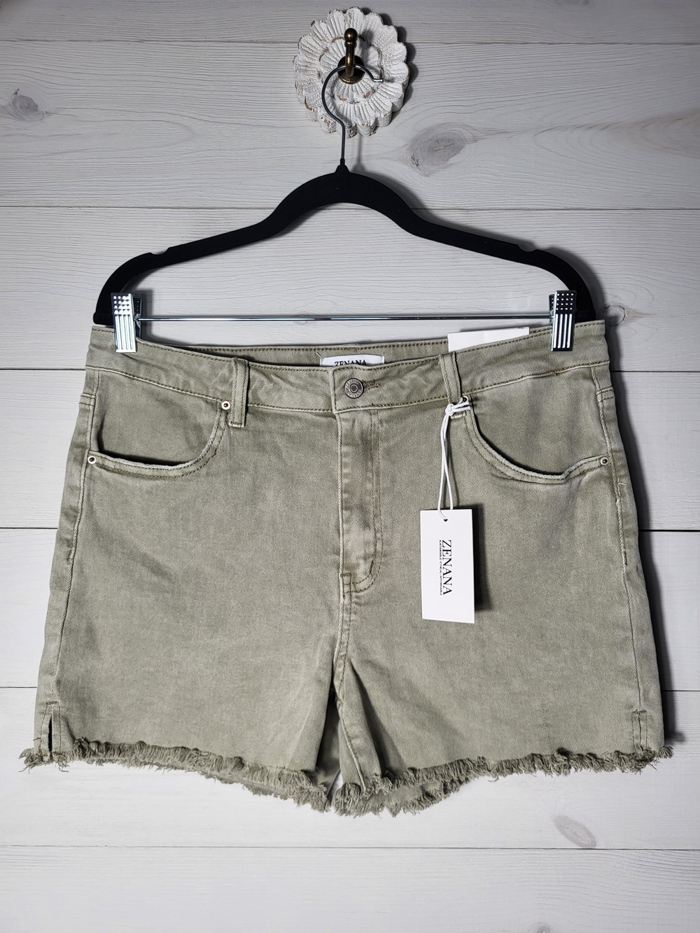NWT Zenana Denim Shorts Olive Green Cotton Frayed Hem Gorpcore.